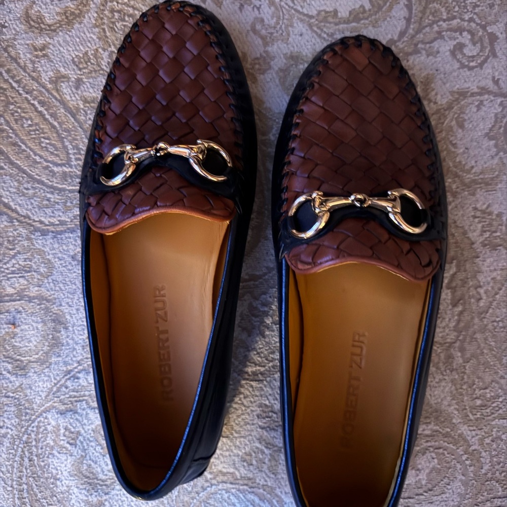 Robert Zur Women's Woven Brown and Black Loafers with Gold Detail